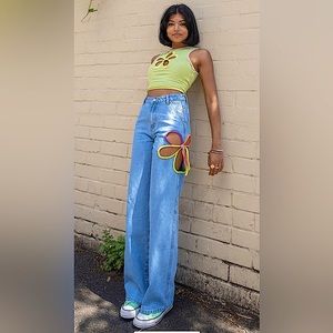 Labelrail × Pose and Repeat high waist dad jeans/flower cut out light wash blue